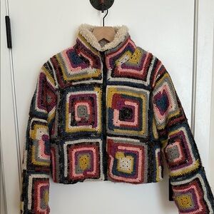 SEA NEW YORK multicolor crochet shearling collar jacket size small